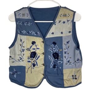 Vintage Blue Patchwork Corduroy Floral Embroidered Button Front Vest Boho